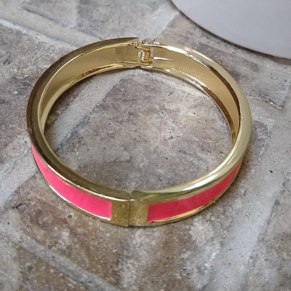 Gold Pink Enamel Bangle Clamp Bracelet - Picture 2 of 5